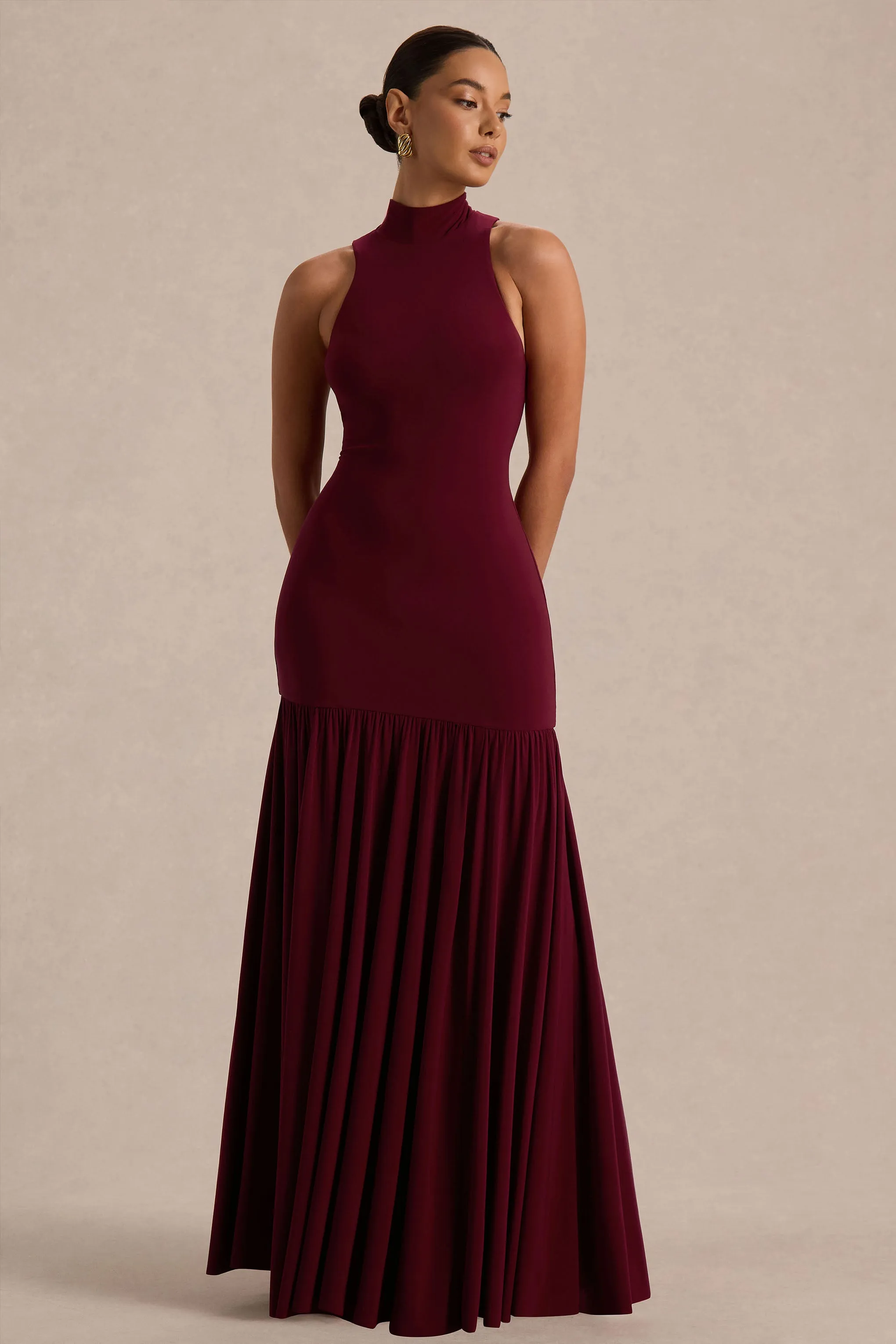 Tasmin | Burgundy High-Neck Maxi Dress With Drop-Waist sold by Club L London product image thumbnail 5