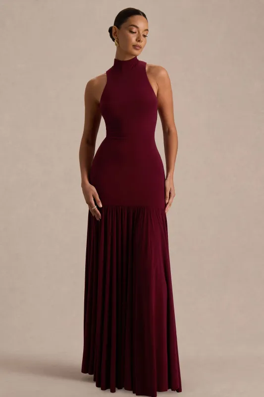 Tasmin | Burgundy High-Neck Maxi Dress With Drop-Waist sold by Club L London