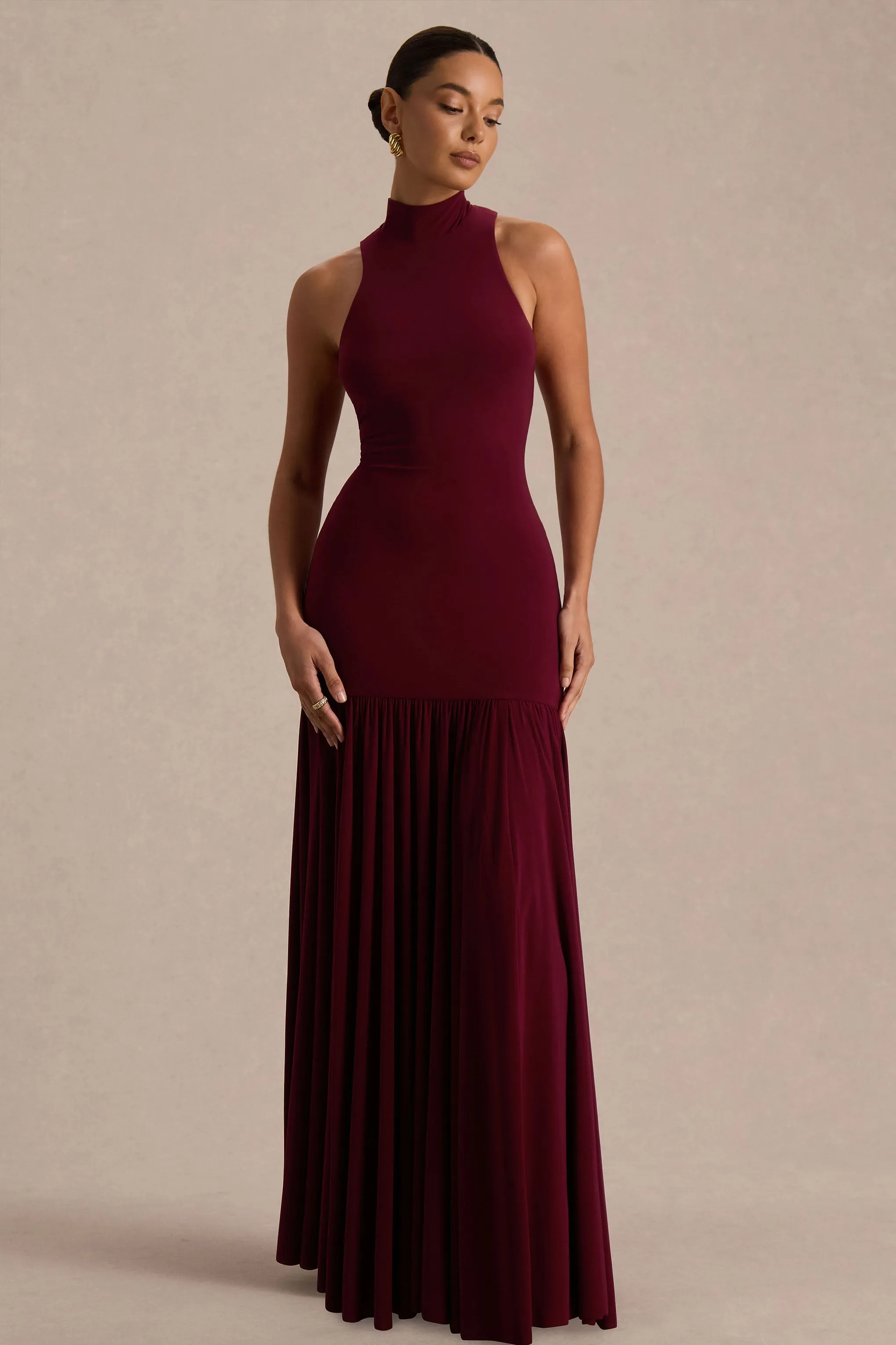 Tasmin | Burgundy High-Neck Maxi Dress With Drop-Waist sold by Club L London