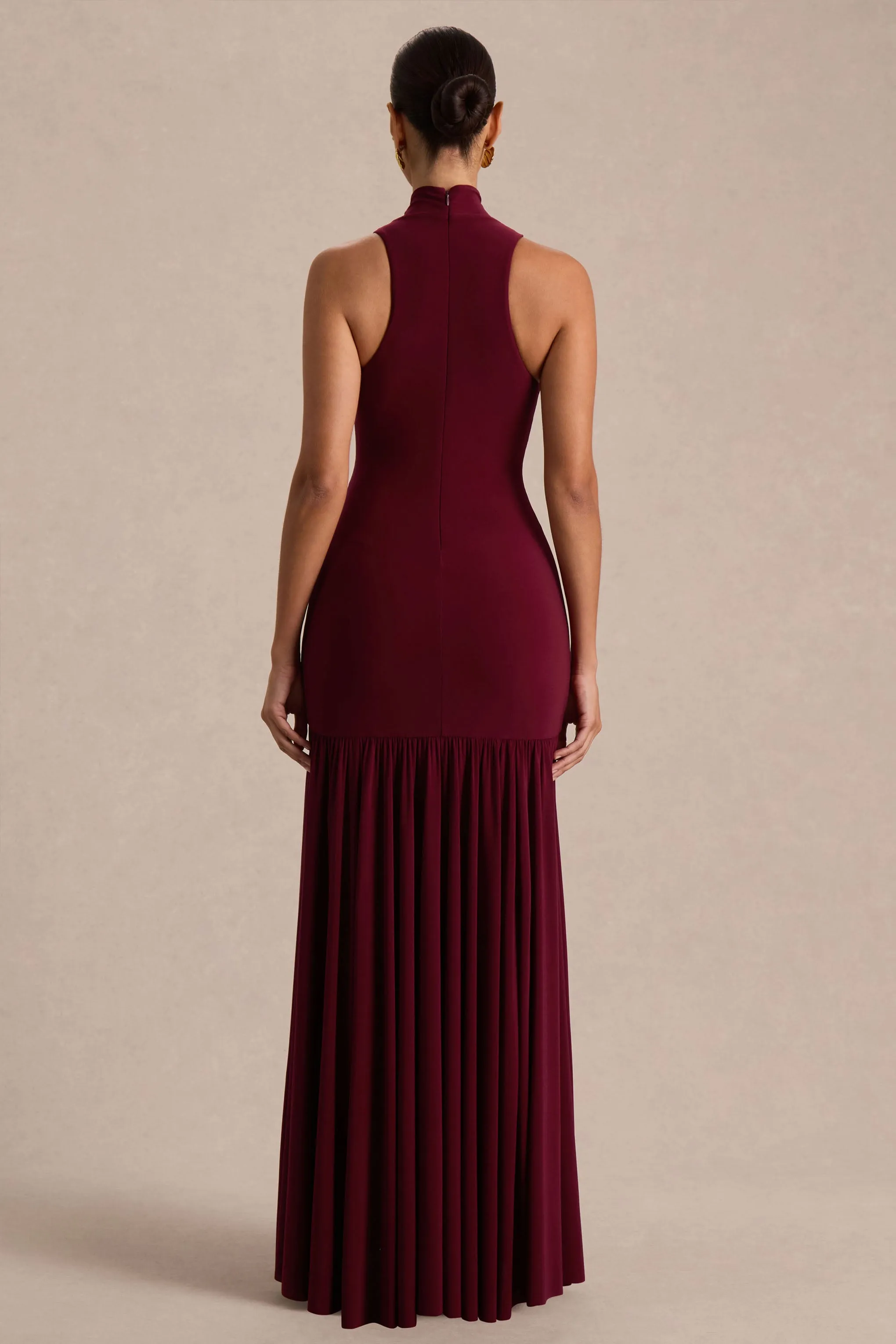 Tasmin | Burgundy High-Neck Maxi Dress With Drop-Waist sold by Club L London product image thumbnail 2