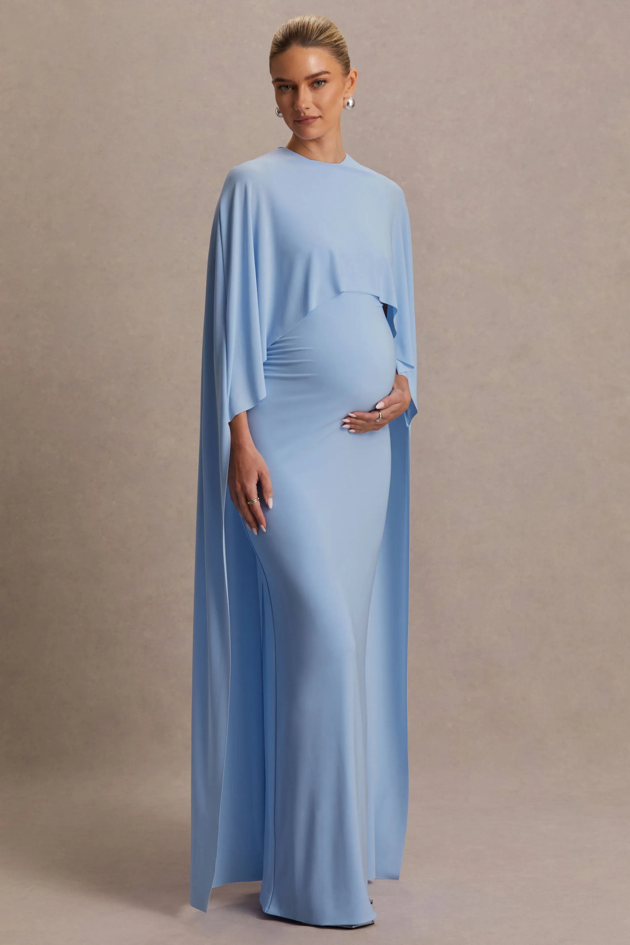 Padma | Powder Blue Draped Maternity Maxi Dress With Cape Sleeves sold by Club L London product image thumbnail 5