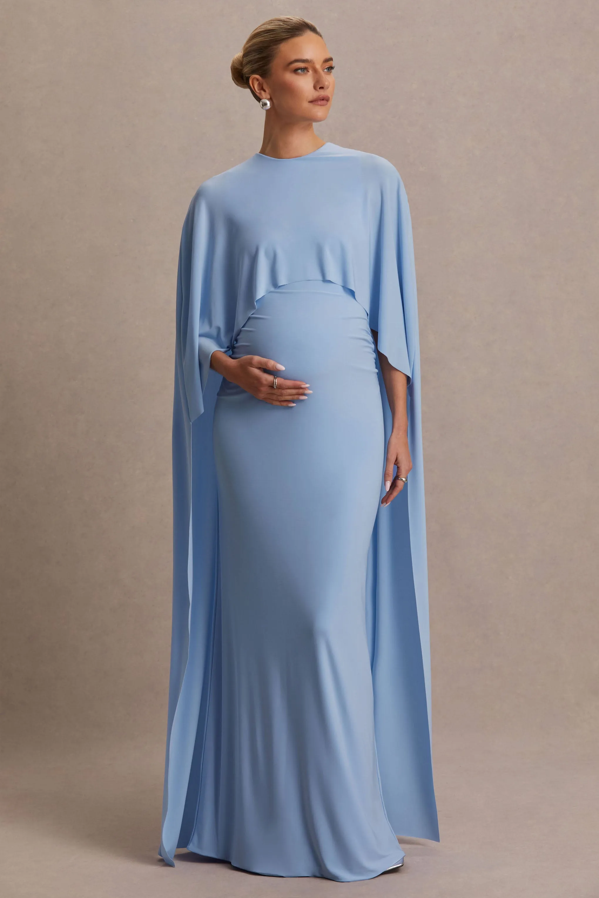 Padma | Powder Blue Draped Maternity Maxi Dress With Cape Sleeves sold by Club L London product image thumbnail 4
