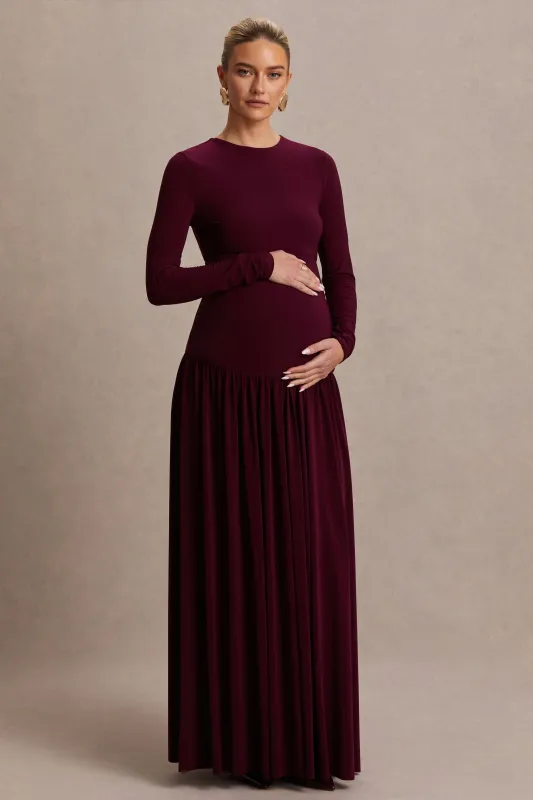 Monroe | Burgundy Crew-Neck Maternity Maxi Dress With Drop-Waist sold by Club L London