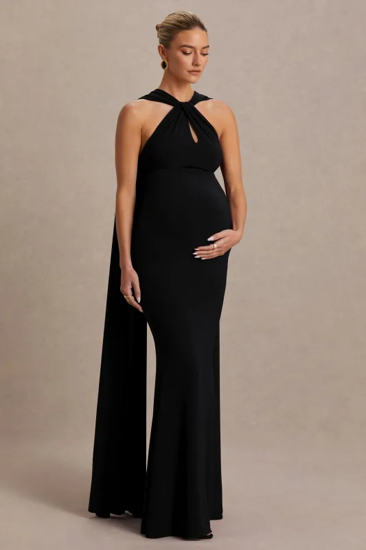 Lyra | Black Cross Halter-Neck Maternity Maxi Dress With Cape sold by Club L London