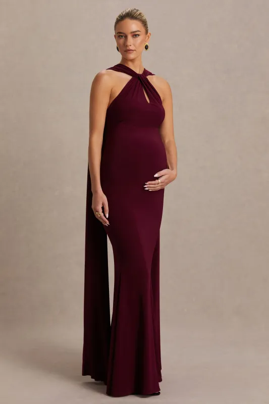 Lyra | Burgundy Cross Halter-Neck Maternity Maxi Dress With Cape sold by Club L London