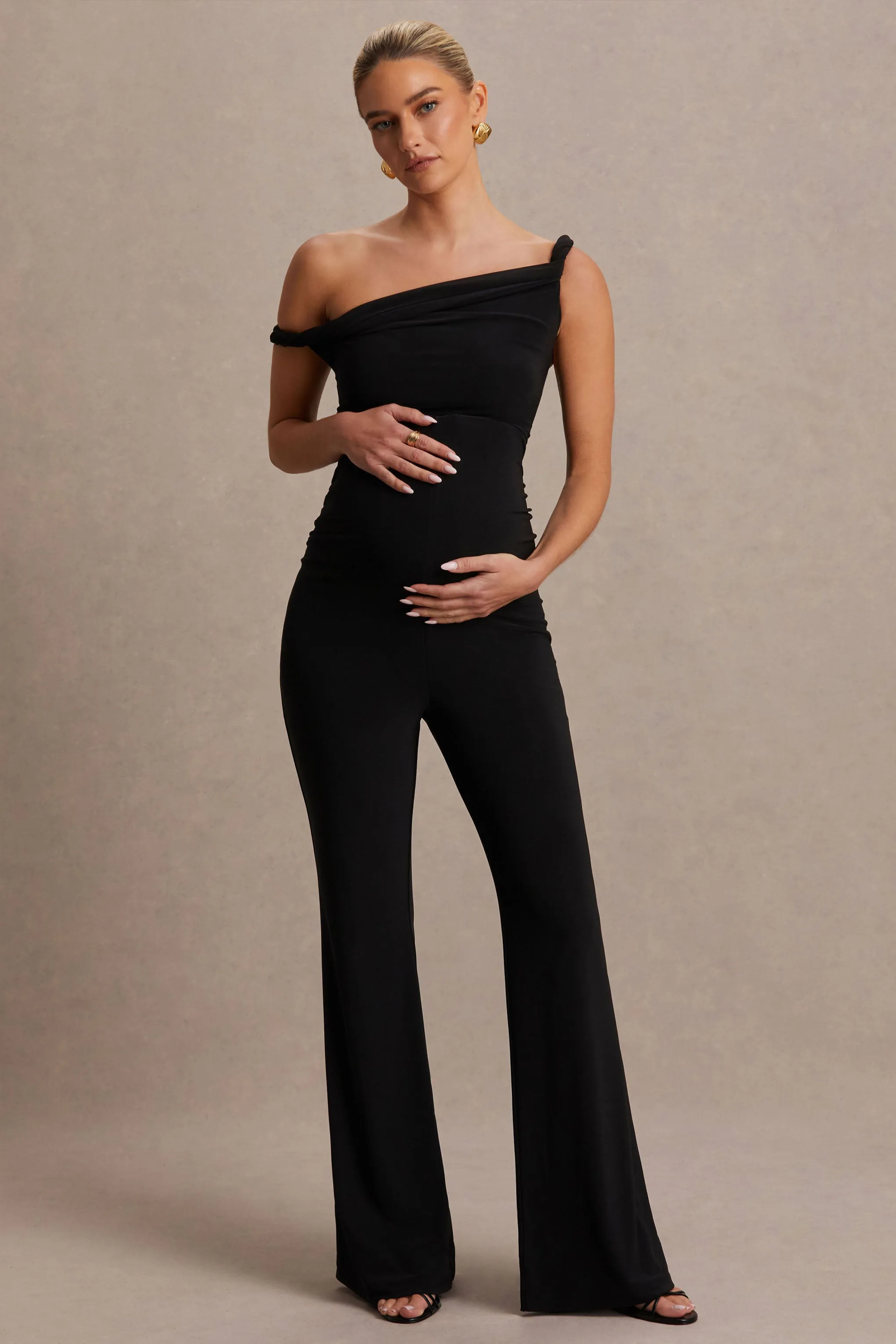 Kira | Black Asymmetric-Neck Maternity Jumpsuit sold by Club L London product image thumbnail 4