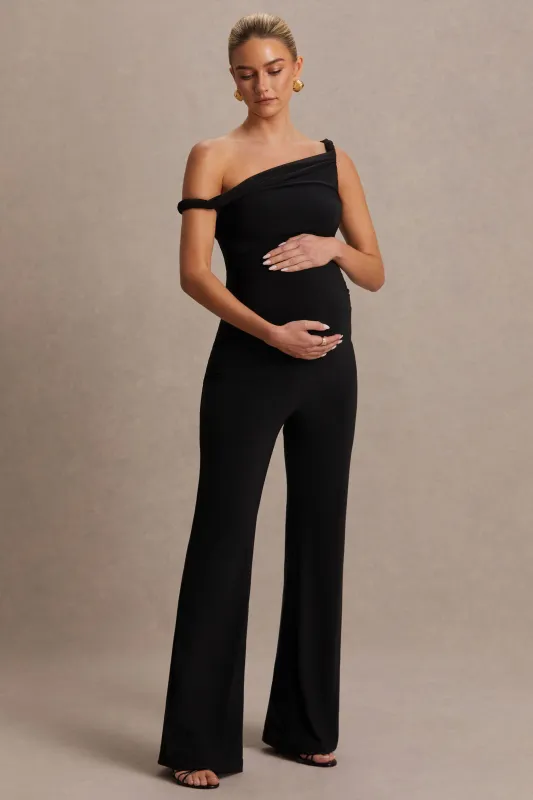 Kira | Black Asymmetric-Neck Maternity Jumpsuit sold by Club L London