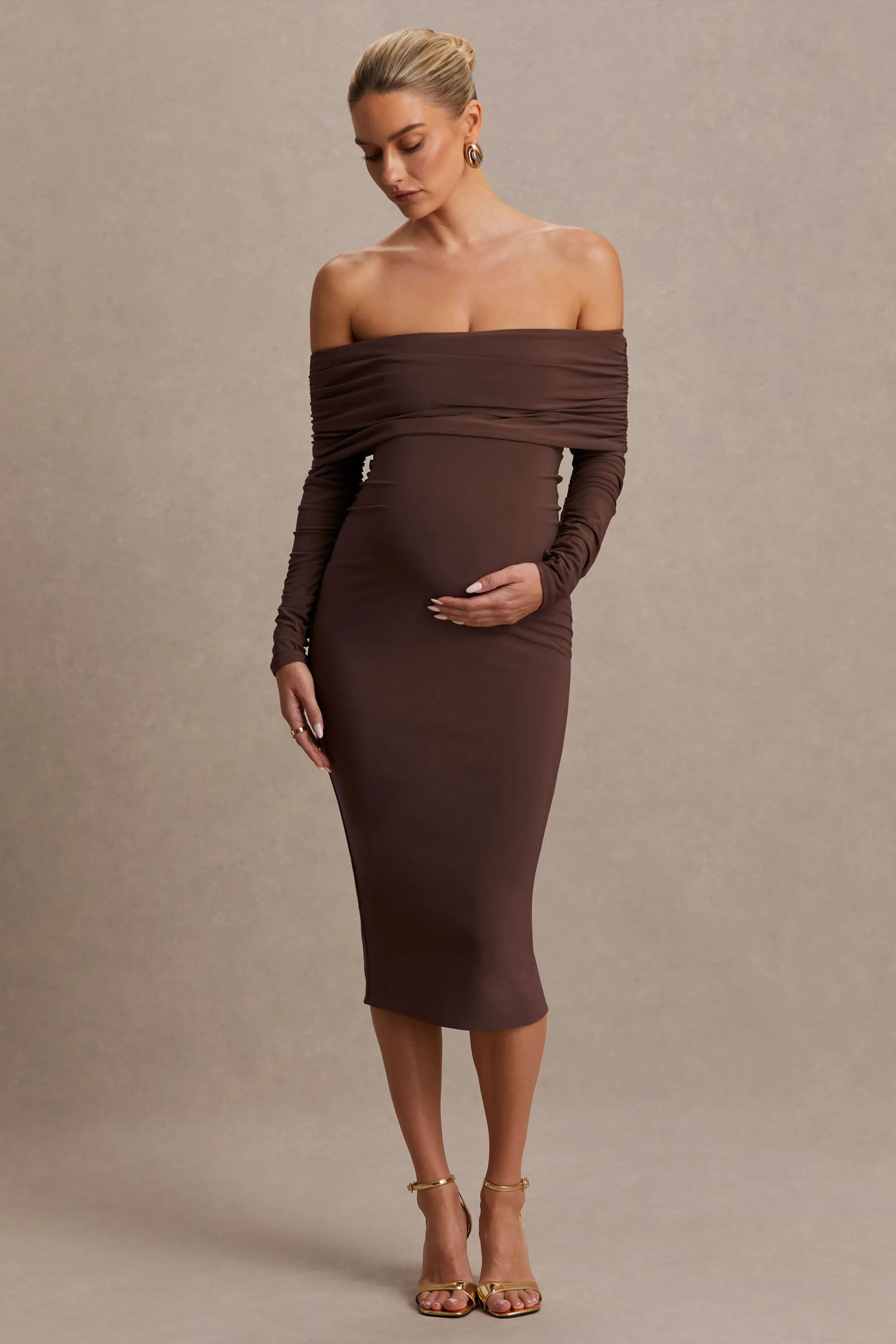 Elspeth | Brown Bardot-Neck Maternity Midi Dress sold by Club L London product image thumbnail 5