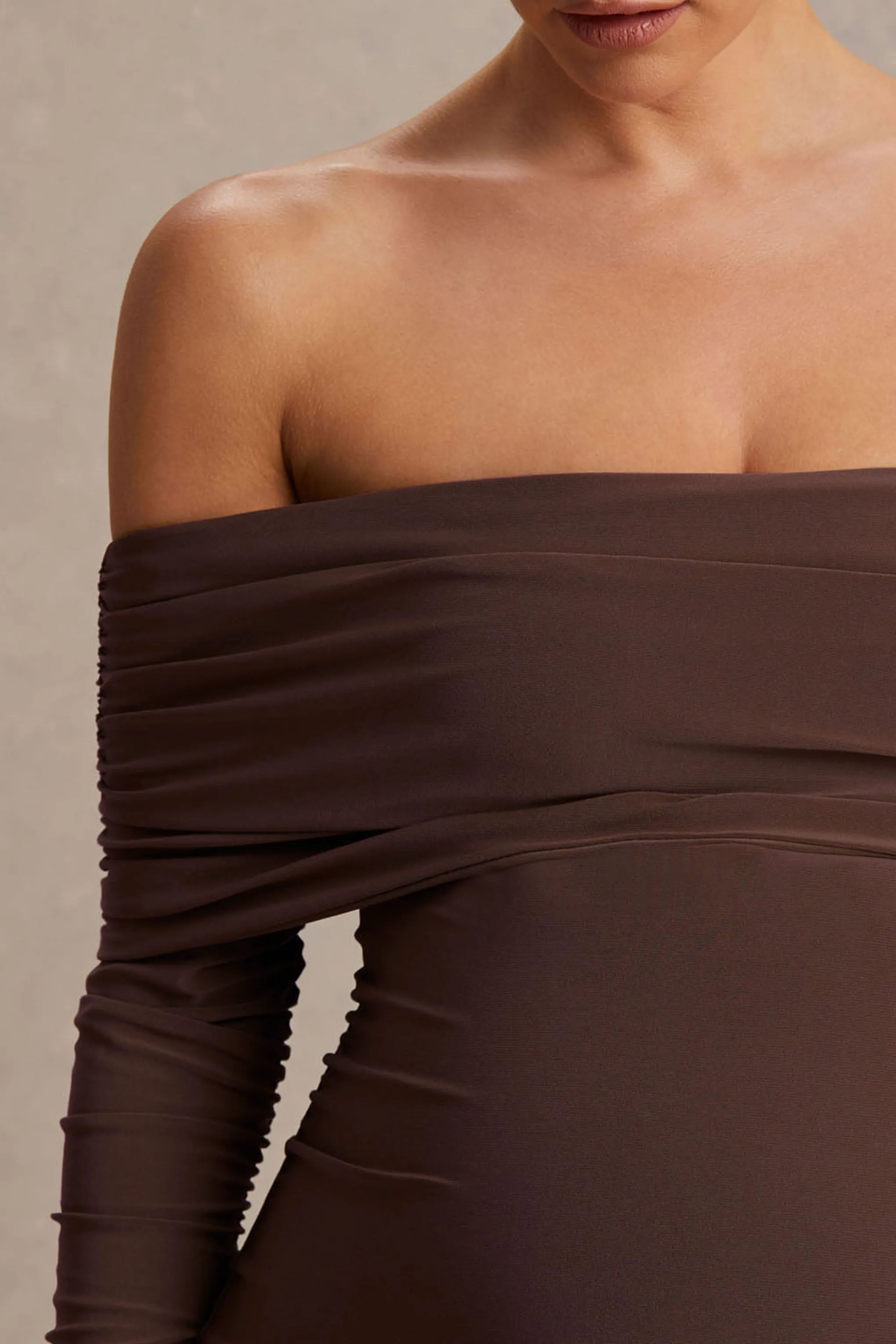 Elspeth | Brown Bardot-Neck Maternity Midi Dress sold by Club L London product image thumbnail 3