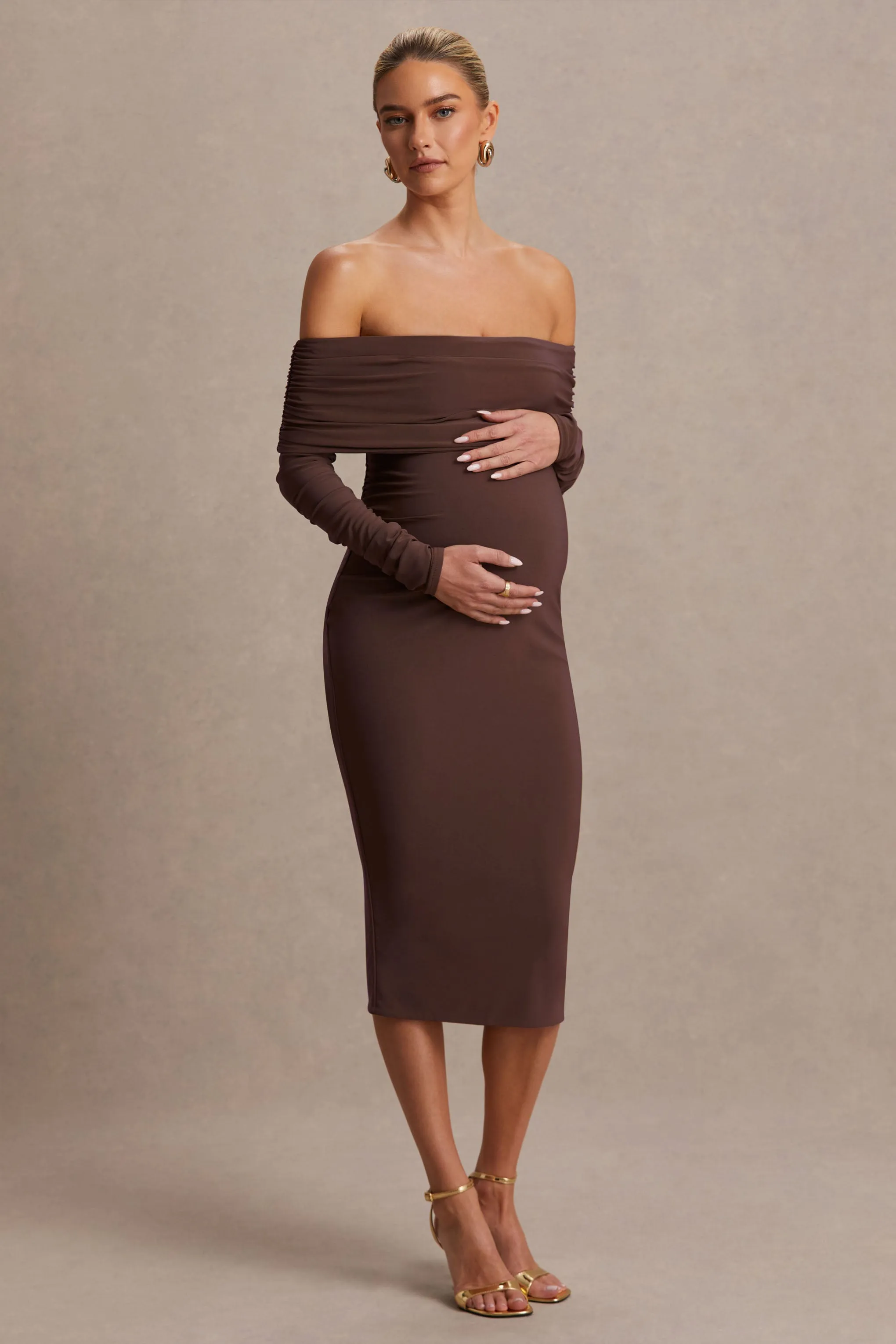 Elspeth | Brown Bardot-Neck Maternity Midi Dress sold by Club L London product image thumbnail 4