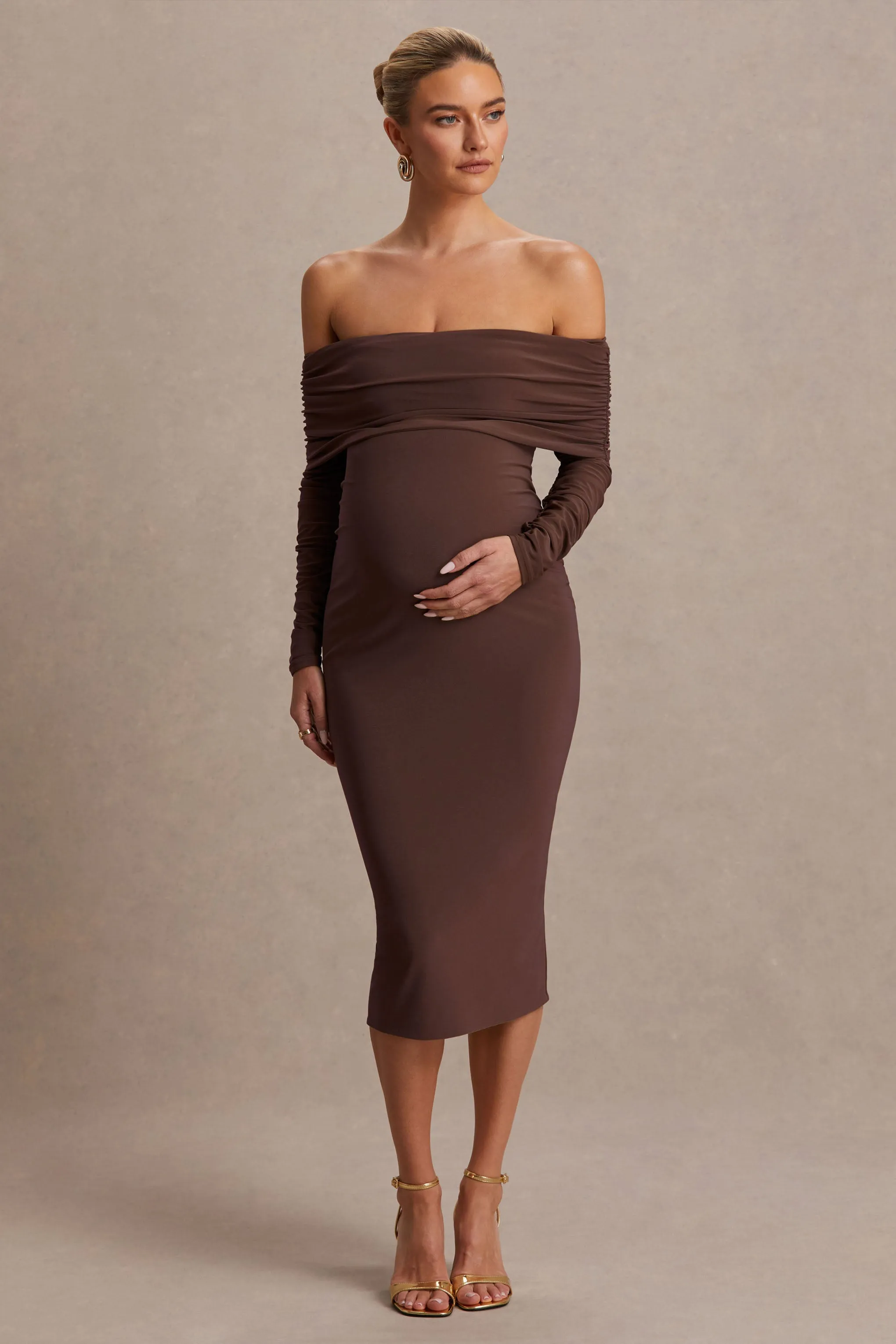 Elspeth | Brown Bardot-Neck Maternity Midi Dress sold by Club L London