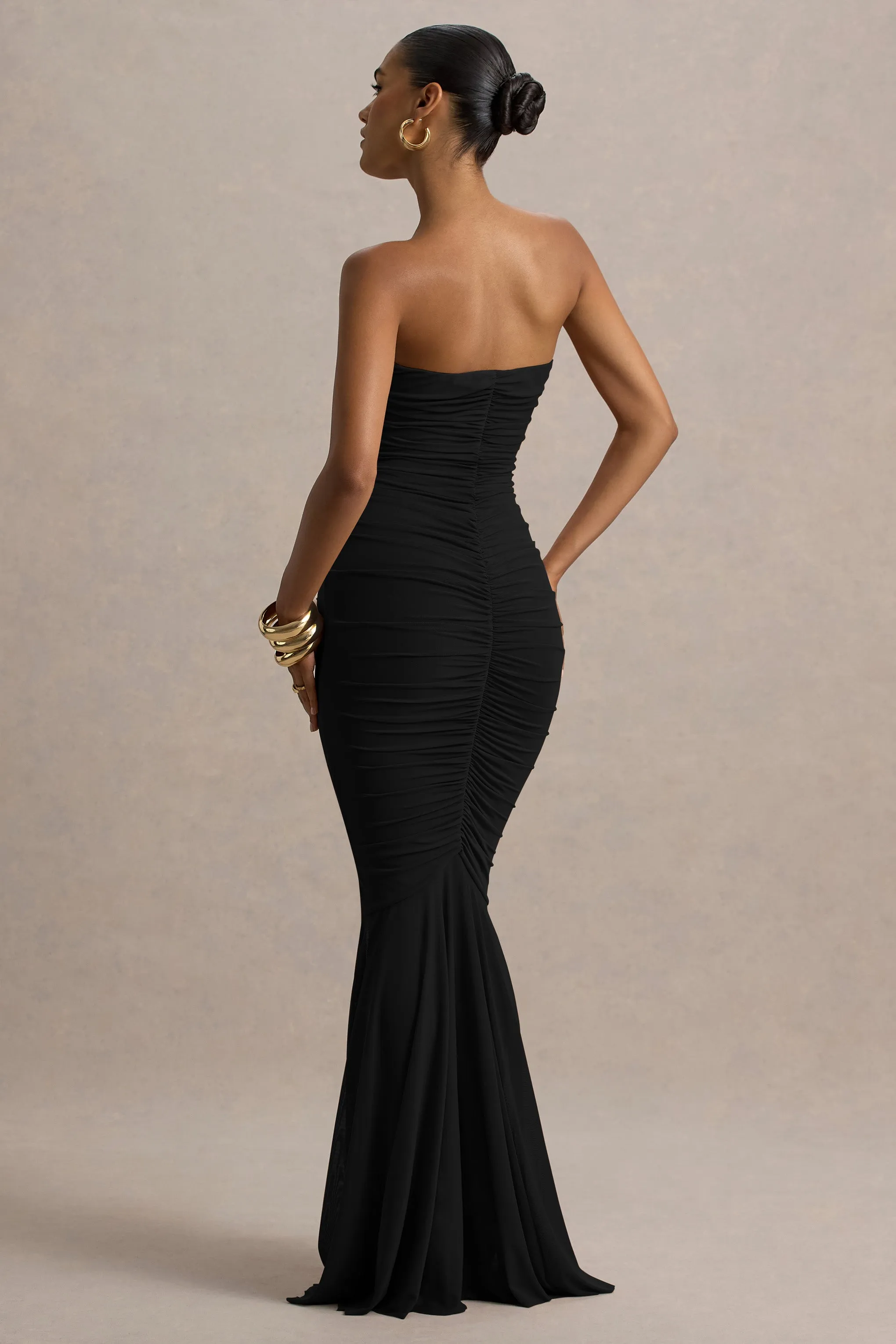 Talisa | Black Ruched Fishtail Maxi Dress With Mesh Hem sold by Club L London product image thumbnail 2