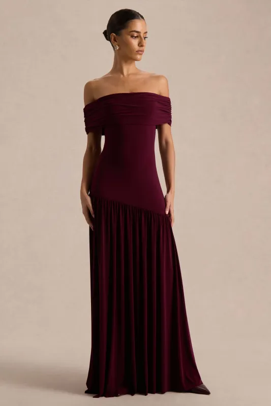 Venezia | Burgundy Bardot Puff-Skirt Maxi Dress sold by Club L London