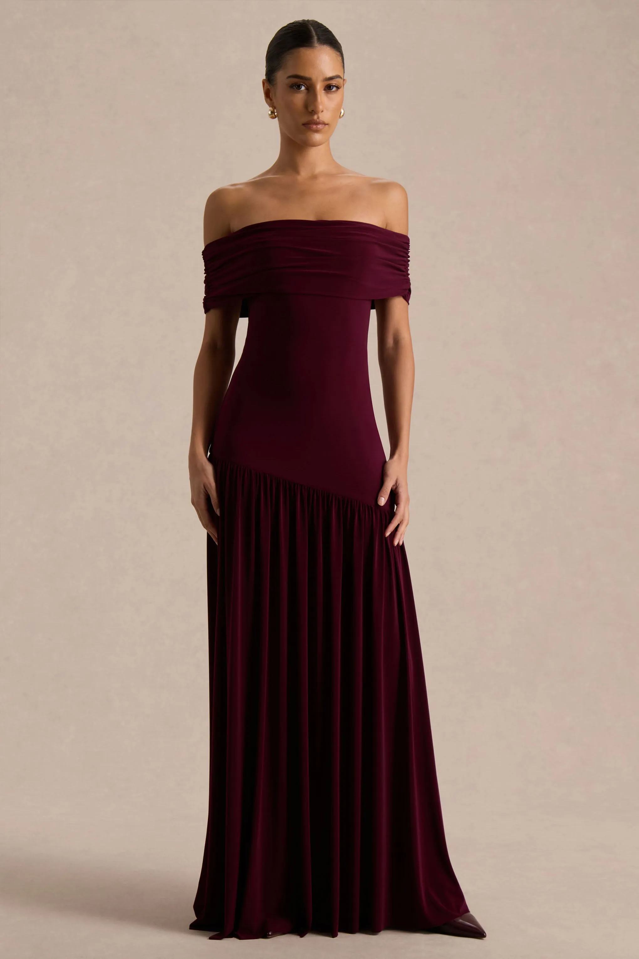 Venezia | Burgundy Bardot Puff-Skirt Maxi Dress sold by Club L London product image thumbnail 3