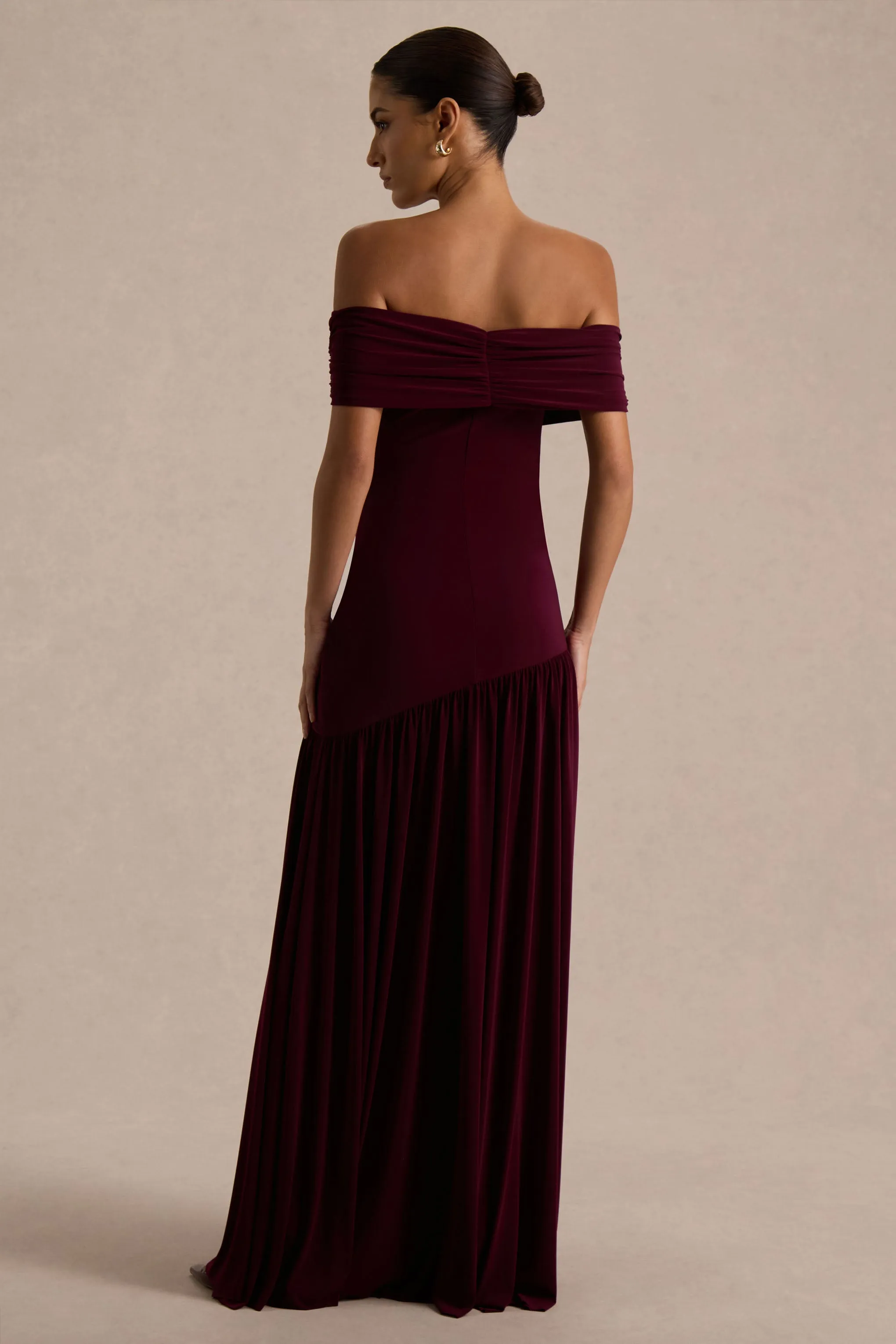 Venezia | Burgundy Bardot Puff-Skirt Maxi Dress sold by Club L London product image thumbnail 2