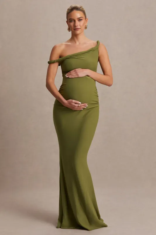 Lita | Olive Twisted Asymmetric Maternity Maxi Dress sold by Club L London