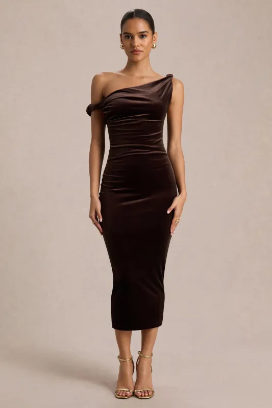 Carella | Brown Velvet Twisted Asymmetric Midi Dress sold by Club L London