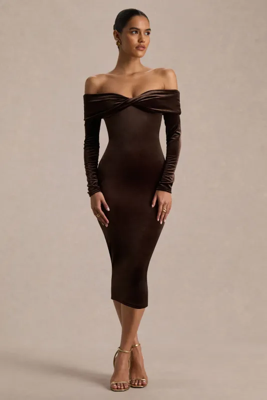 Compliment | Brown Velvet Bardot Midi Dress sold by Club L London