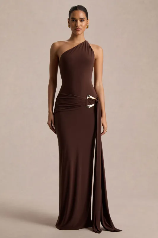 Bonnie | Brown Asymmetric-Neck Maxi Dress With Ruched-Detailing sold by Club L London