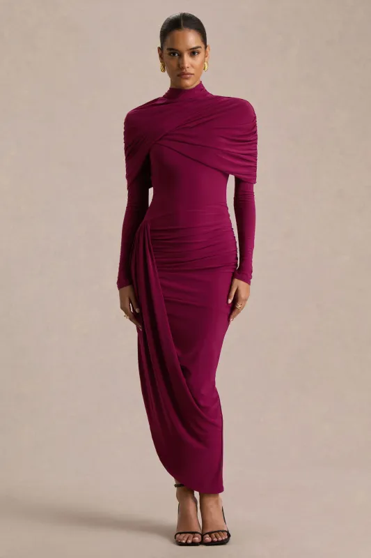 Aneira | Burgundy High-Neck Maxi Dress With Cape Sleeves sold by Club L London