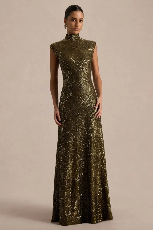 Cecy | Khaki Sequin High-Neck Maxi Dress With Cap Sleeves sold by Club L London