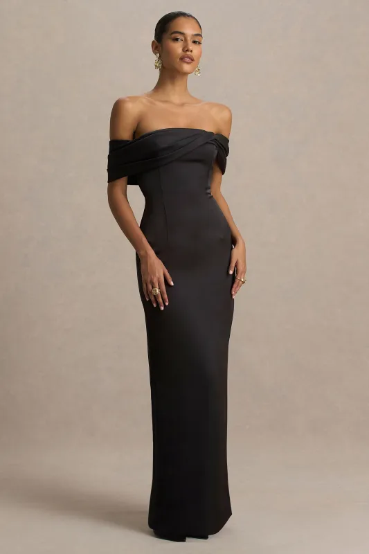 Valeria | Black Satin Twist-Bardot Neck Maxi Dress sold by Club L London