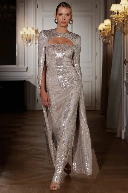Devora | Silver Sequin Crew-Neck Maxi Dress With Cape Sleeves sold by Club L London
