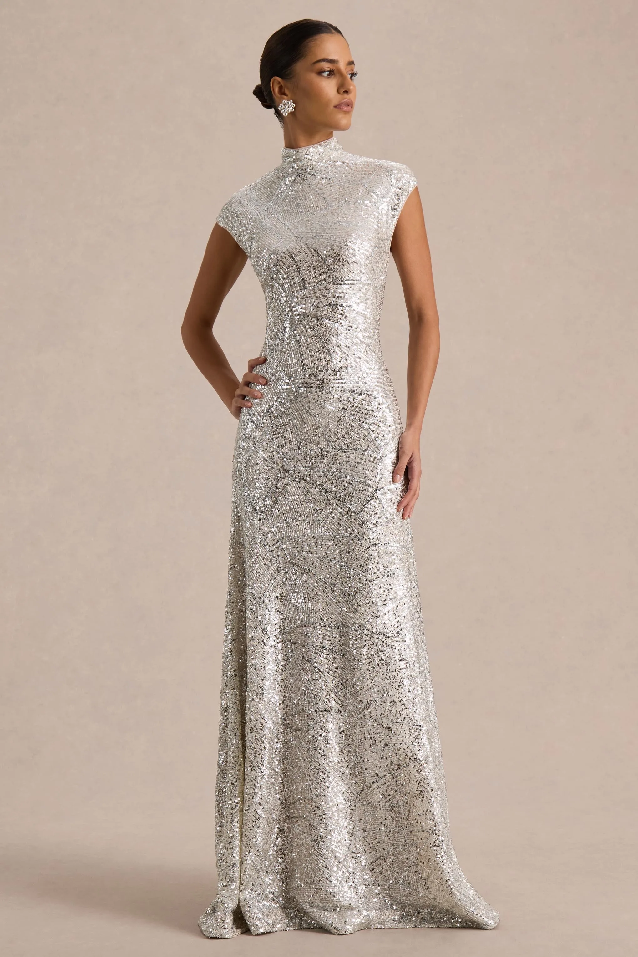 Cecy | Silver Sequin High-Neck Maxi Dress With Cap Sleeves sold by Club L London product image thumbnail 3