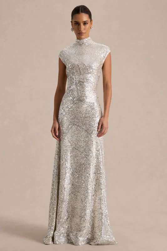 Cecy | Silver Sequin High-Neck Maxi Dress With Cap Sleeves sold by Club L London