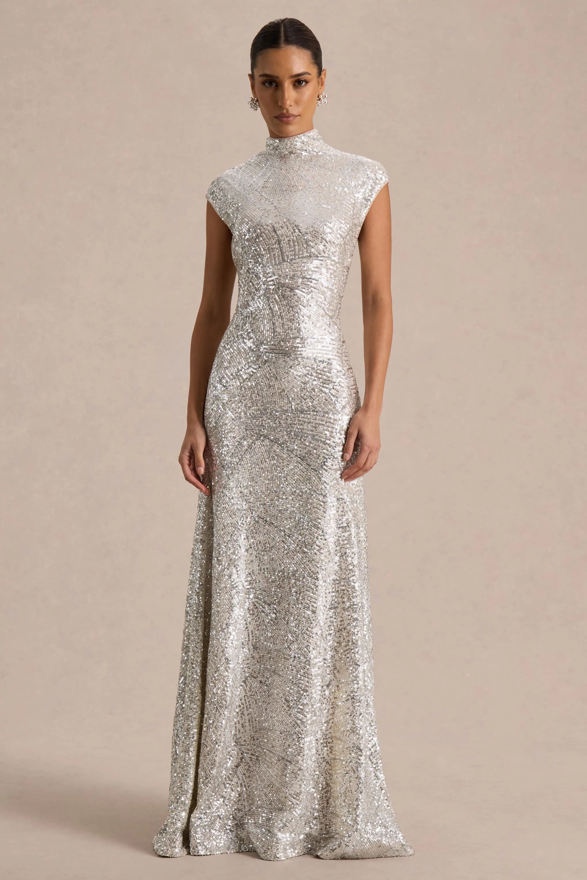 Cecy | Silver Sequin High-Neck Maxi Dress With Cap Sleeves sold by Club L London
