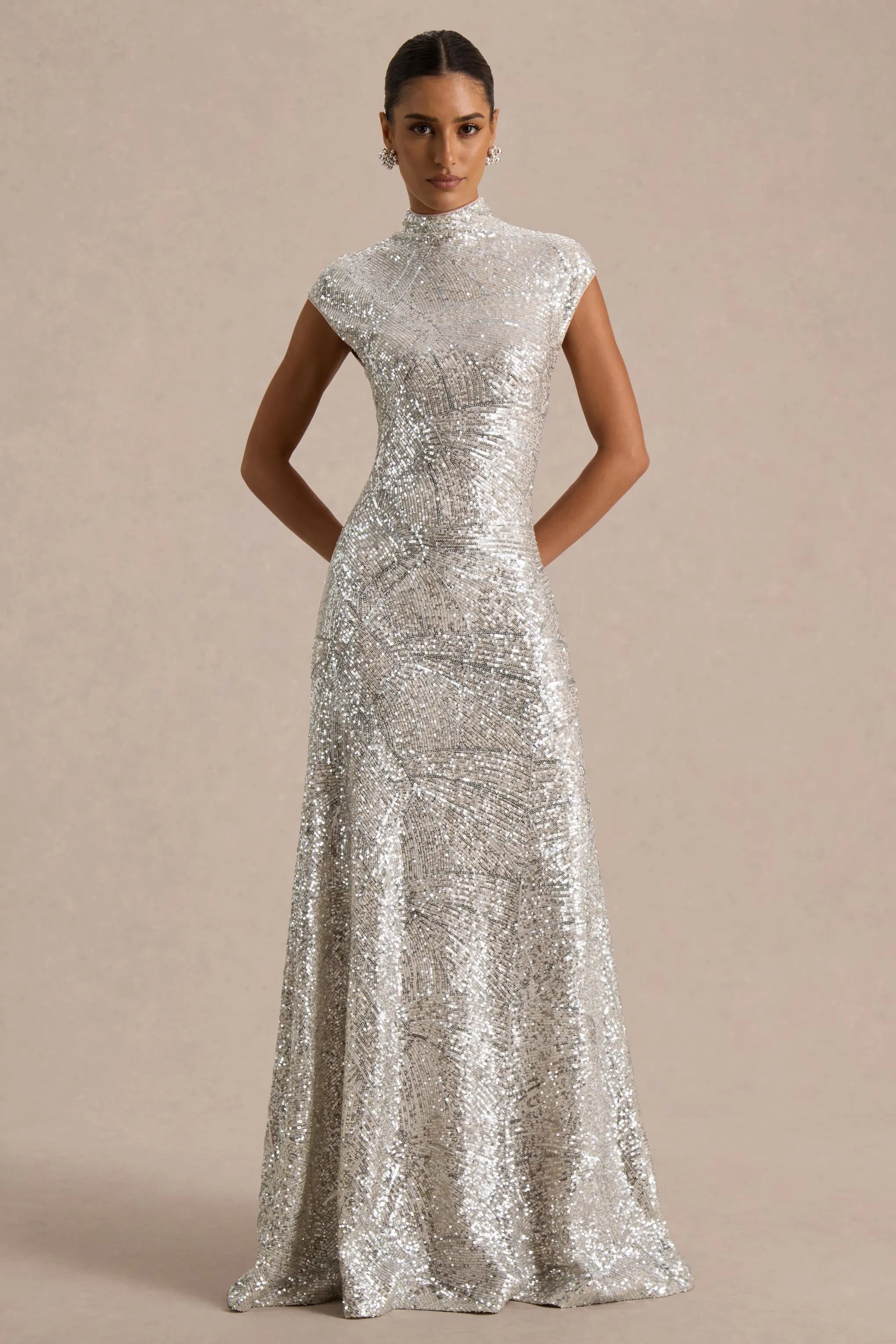 Cecy | Silver Sequin High-Neck Maxi Dress With Cap Sleeves sold by Club L London product image thumbnail 5
