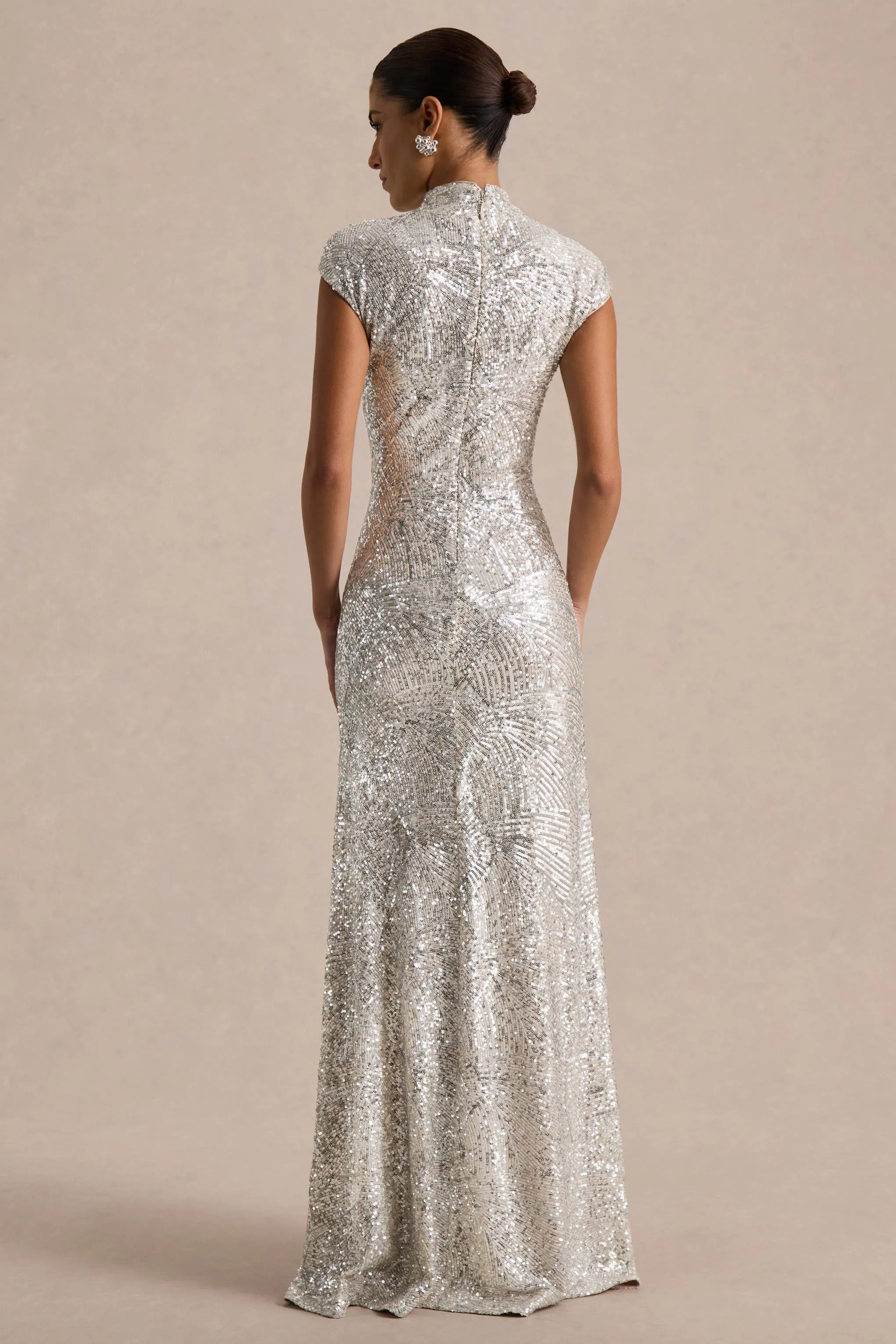 Cecy | Silver Sequin High-Neck Maxi Dress With Cap Sleeves sold by Club L London product image thumbnail 2