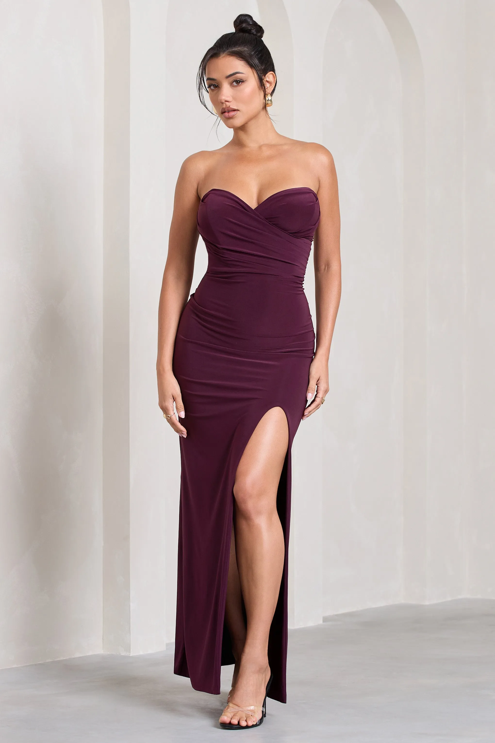 Dynamite | Burgundy Pleated Bodice Split Maxi Dress sold by Club L London product image thumbnail 4