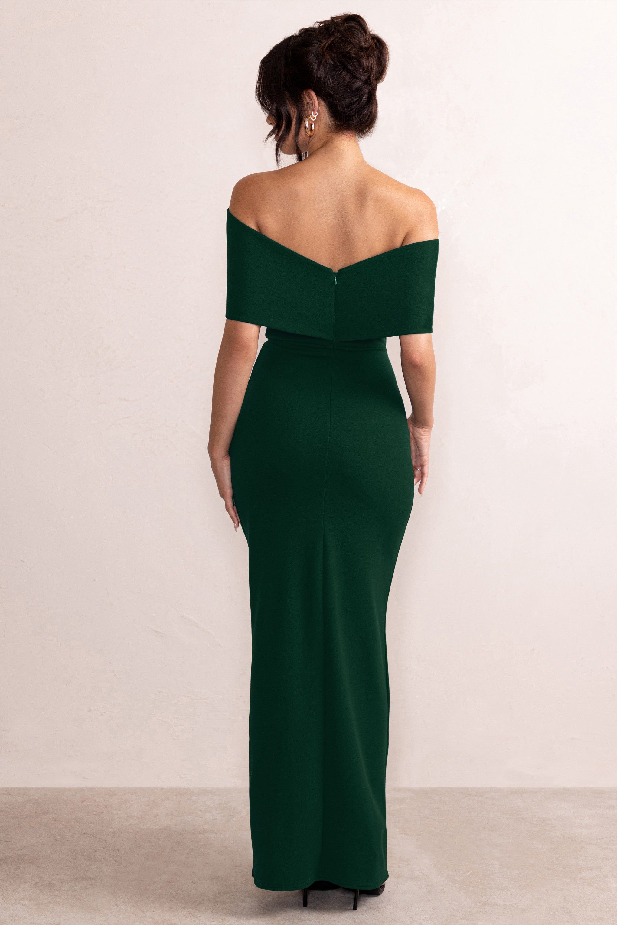Eva | Bottle Green Bardot Bow Detail Maxi Dress With Thigh Split sold by Club L London product image thumbnail 2