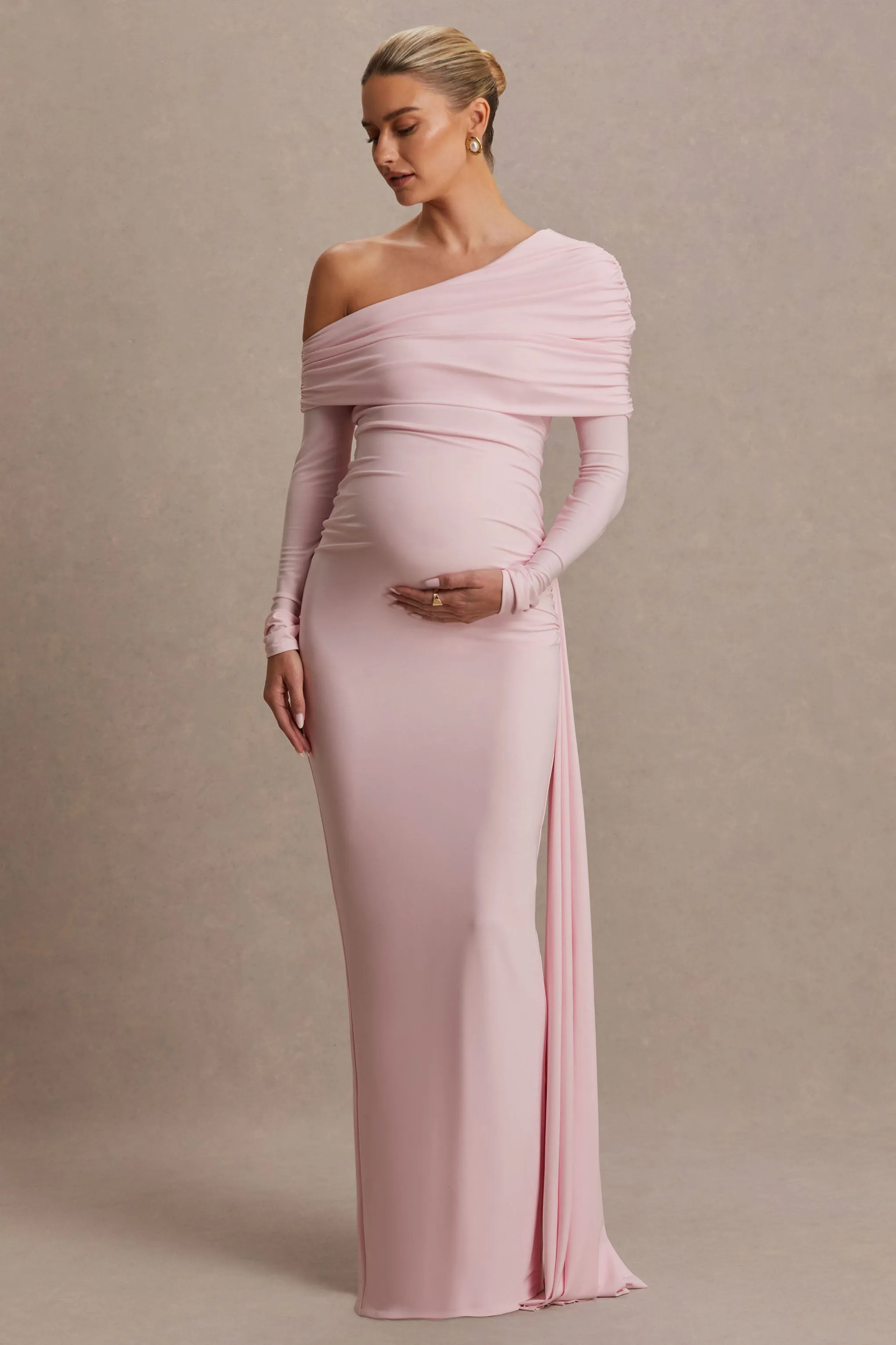 Amara | Blush Pink Asymmetric-Neck Maxi Dress With Sash Detail sold by Club L London product image thumbnail 5