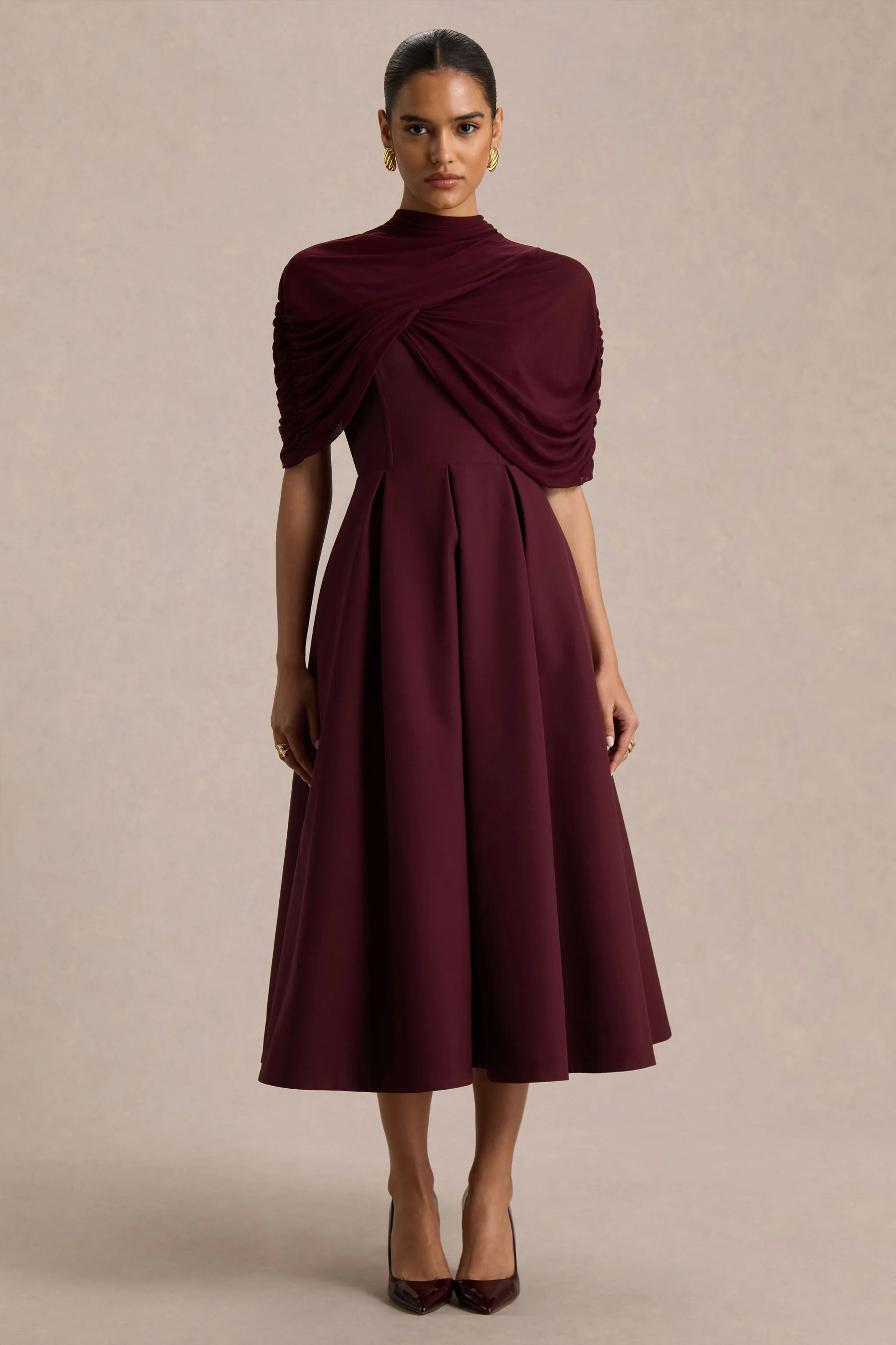 Thalia | Burgundy High-Neck Midi Dress sold by Club L London