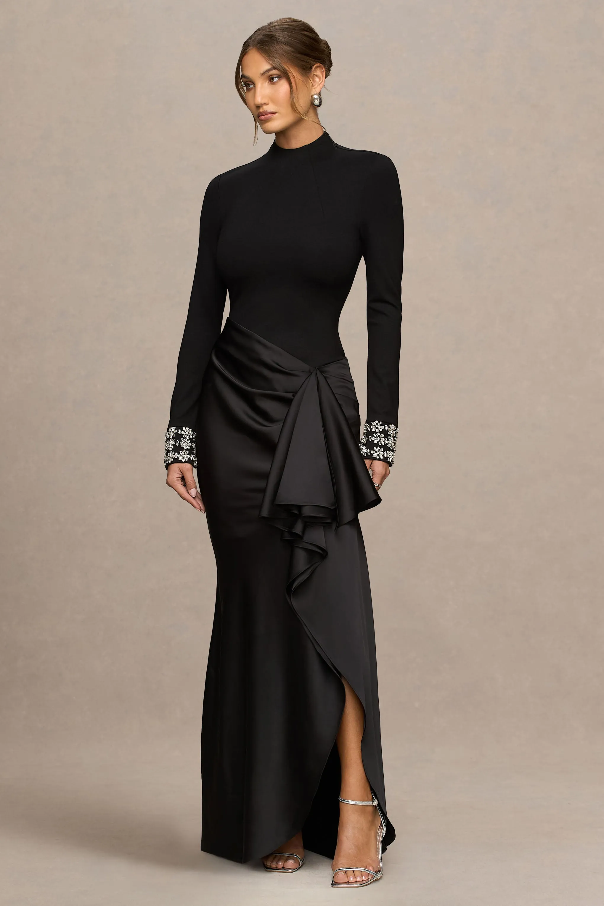 Starred | Black High-Neck Maxi Dress With Drop-Waist And Satin Wrap-Skirt sold by Club L London product image thumbnail 5