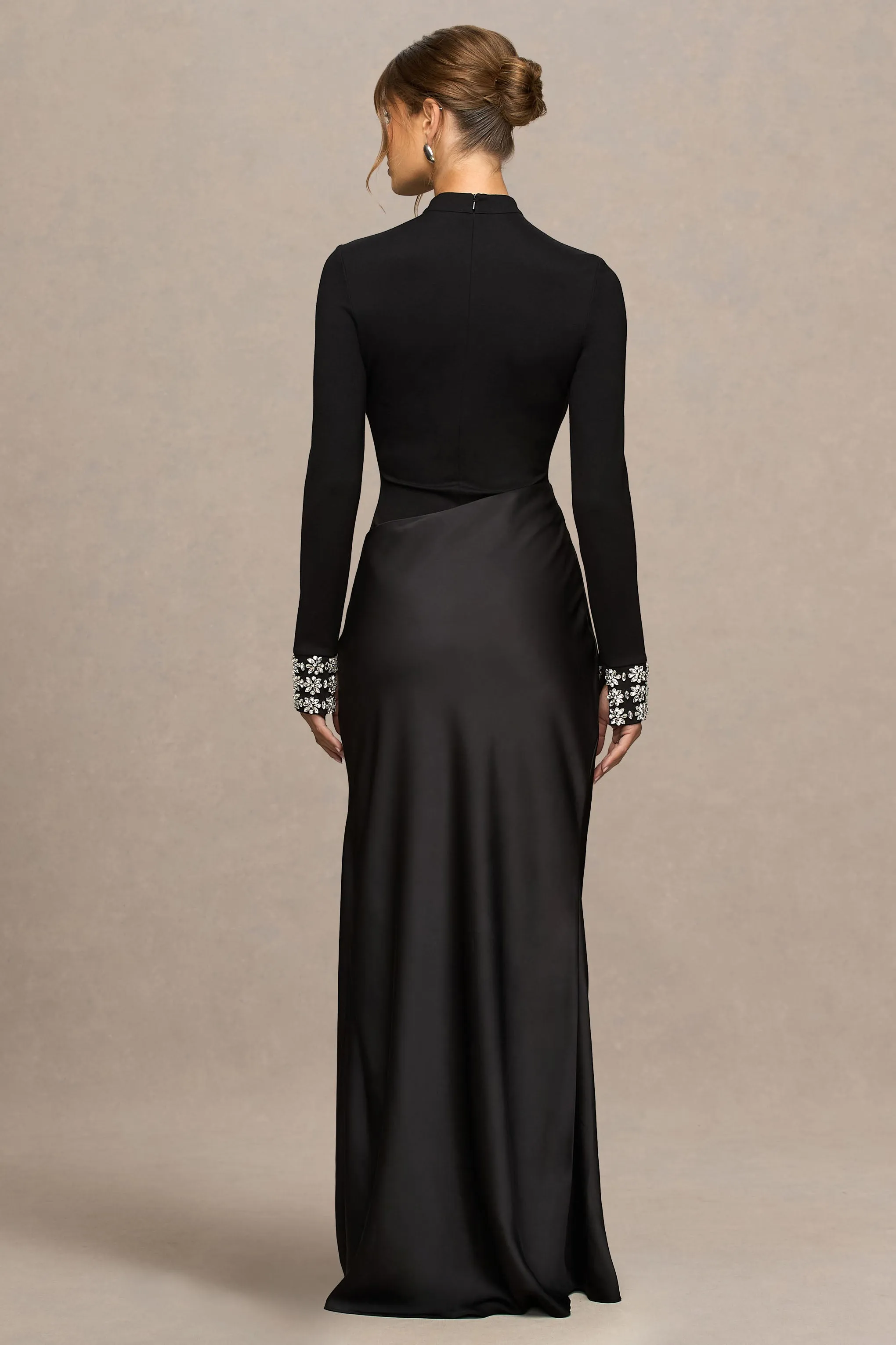 Starred | Black High-Neck Maxi Dress With Drop-Waist And Satin Wrap-Skirt sold by Club L London product image thumbnail 2