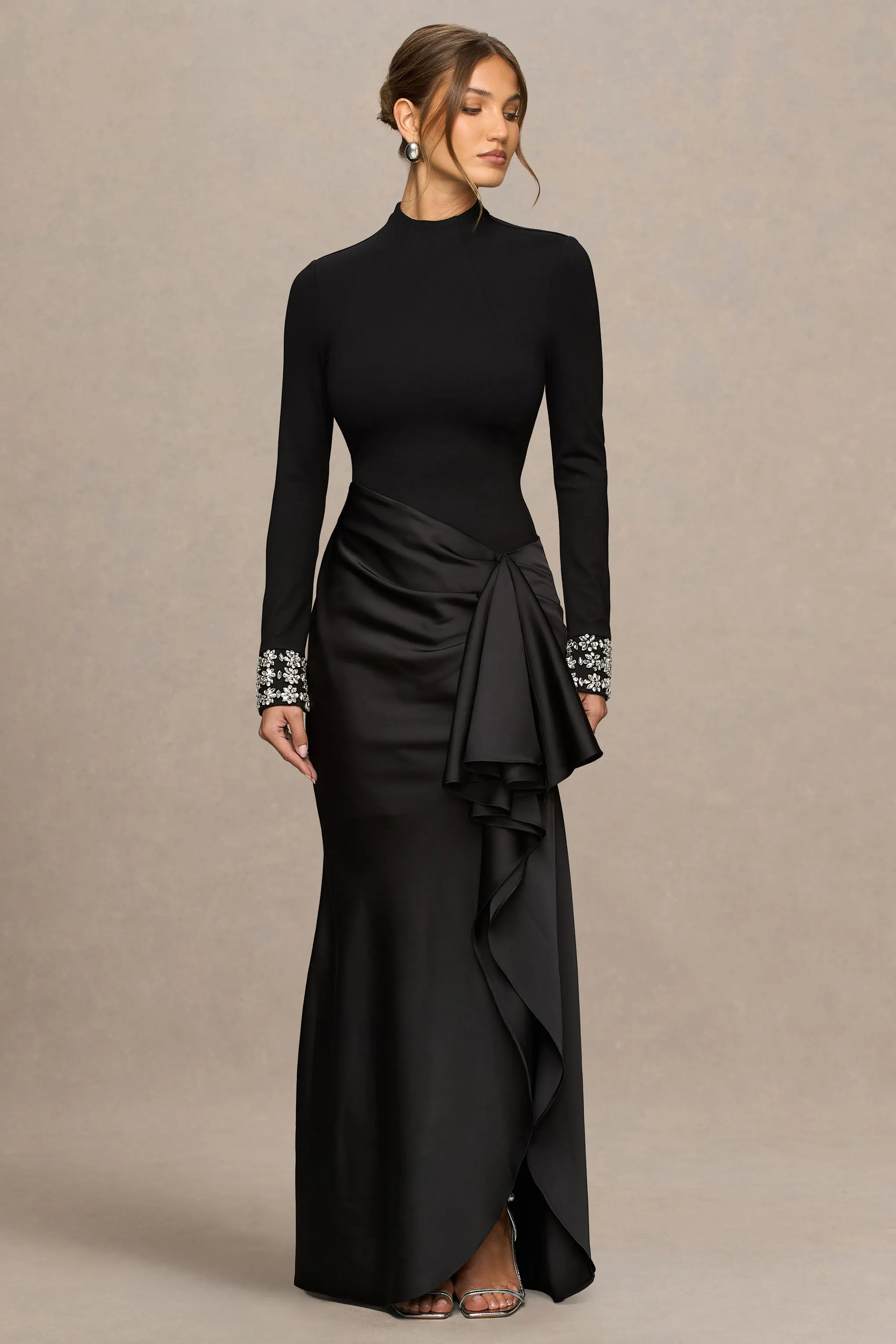 Starred | Black High-Neck Maxi Dress With Drop-Waist And Satin Wrap-Skirt sold by Club L London product image thumbnail 4