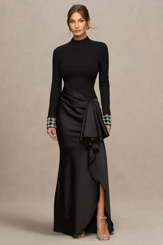 Starred | Black High-Neck Maxi Dress With Drop-Waist And Satin Wrap-Skirt sold by Club L London