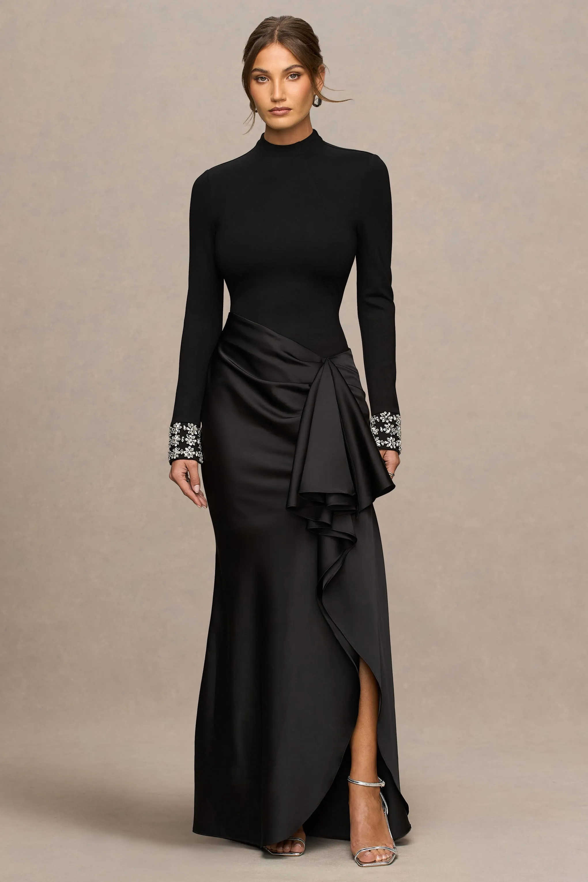 Starred | Black High-Neck Maxi Dress With Drop-Waist And Satin Wrap-Skirt sold by Club L London