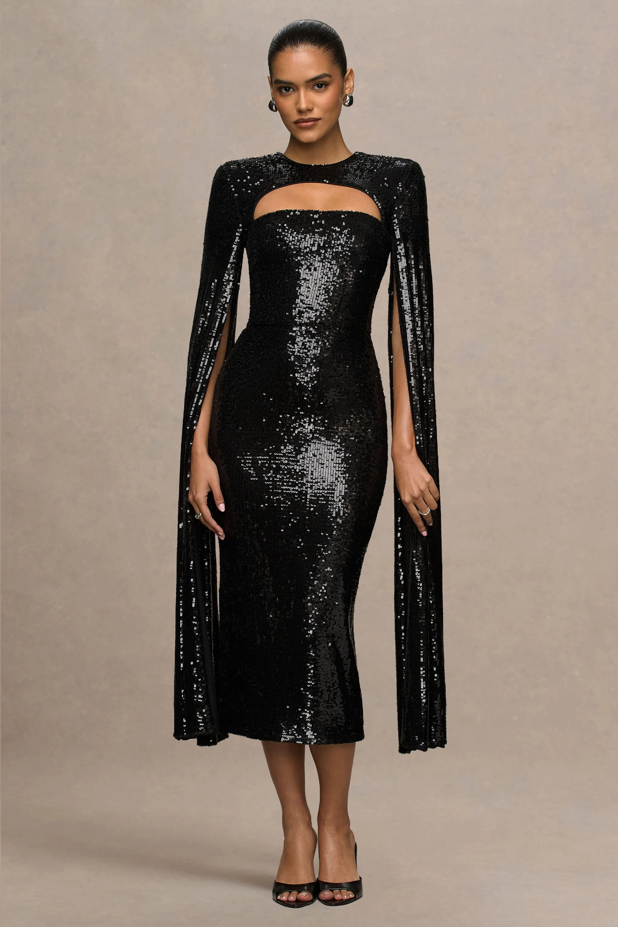 Adeline | Black Sequin Crew-Neck Midi Dress With Cape Sleeves sold by Club L London product image thumbnail 5