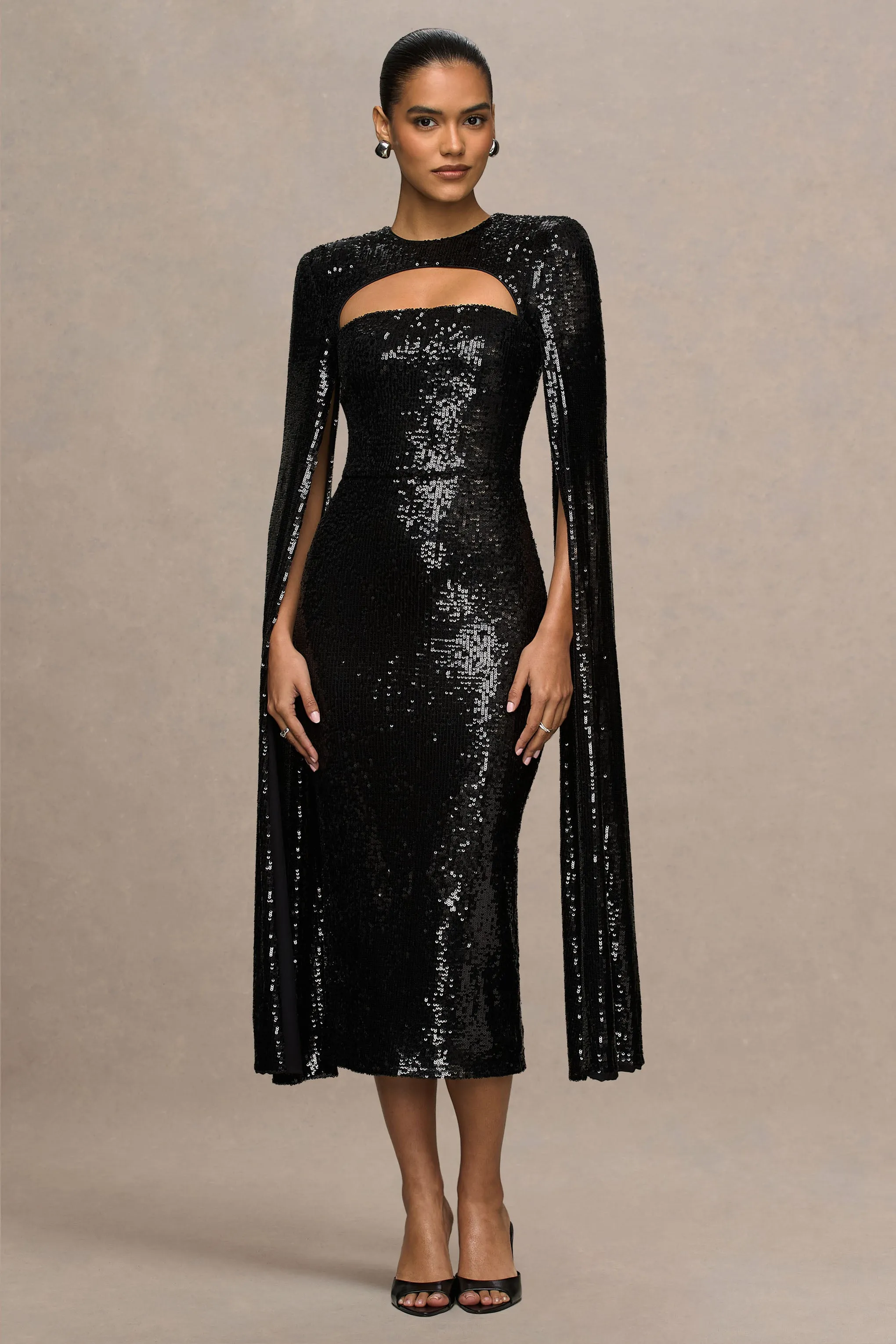 Adeline | Black Sequin Crew-Neck Midi Dress With Cape Sleeves sold by Club L London