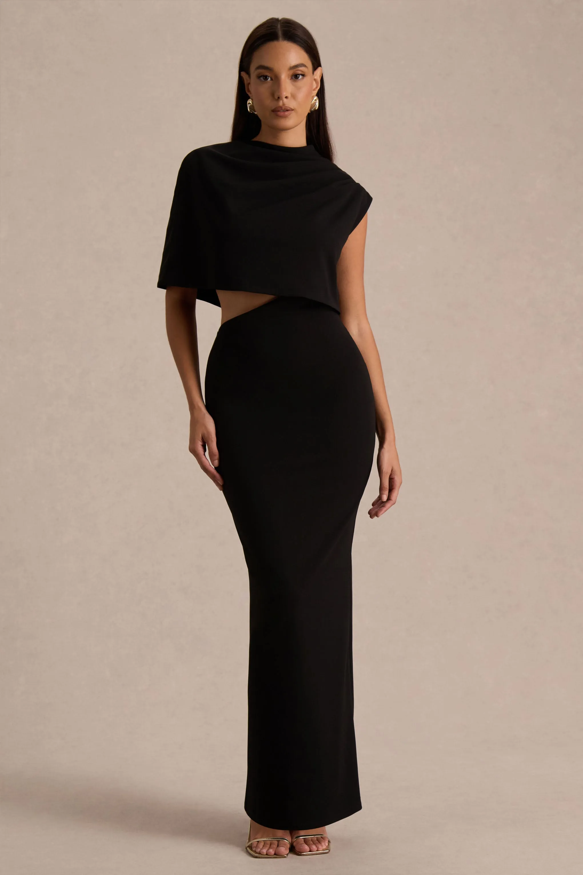 Roseth | Black High-Neck Maxi Dress With One-Sleeve And Body Cu-Out Detail sold by Club L London