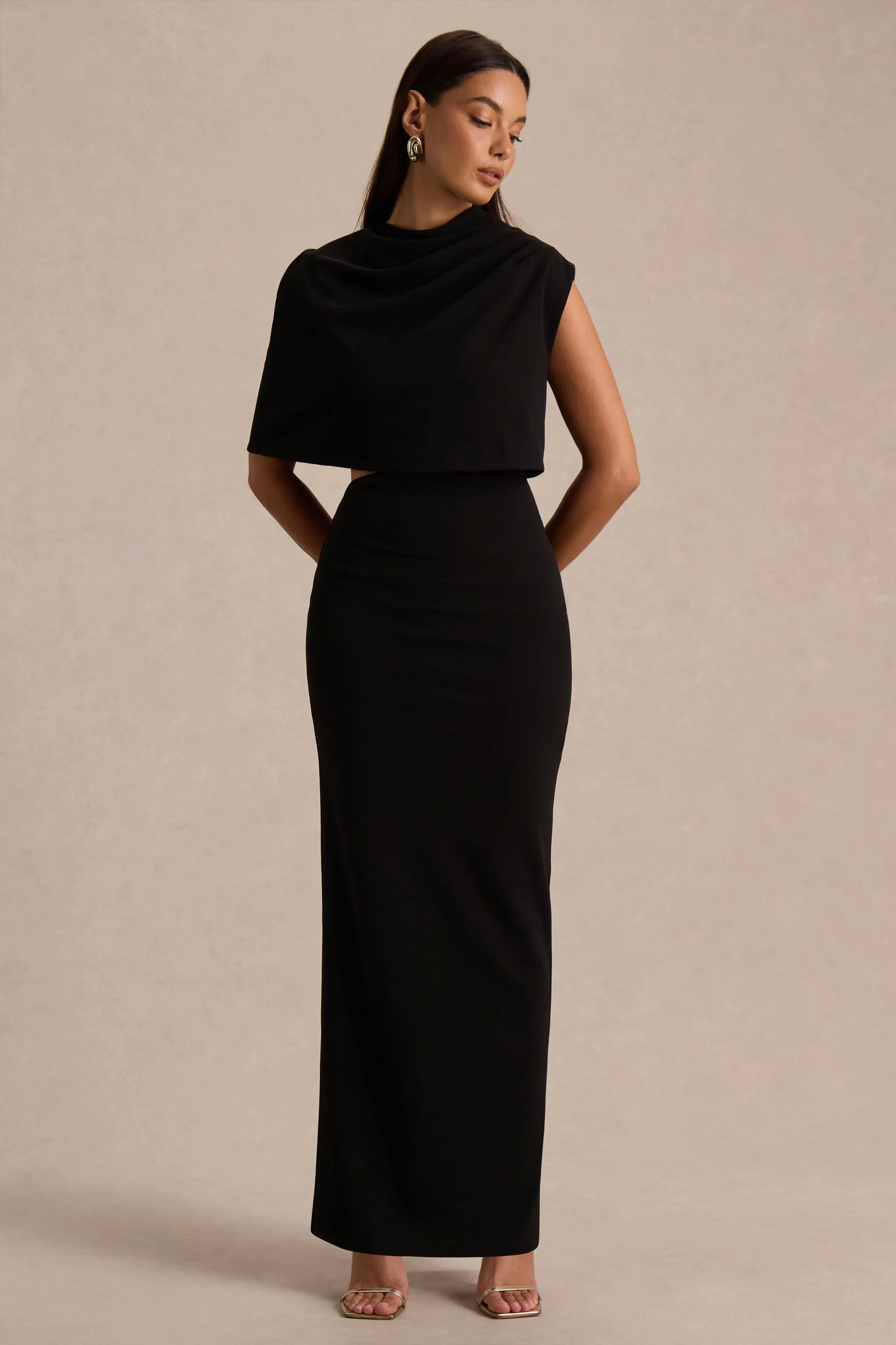Roseth | Black High-Neck Maxi Dress With One-Sleeve And Body Cu-Out Detail sold by Club L London product image thumbnail 5