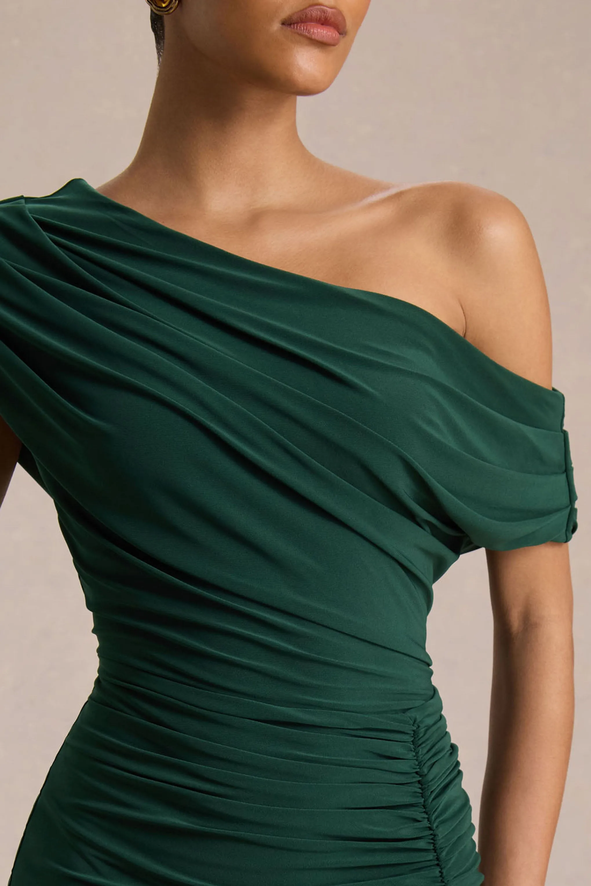 Kady | Dark Green Asymmetric-Neck Maxi Dress With Ruched Detailing and Front-High Split sold by Club L London product image thumbnail 4