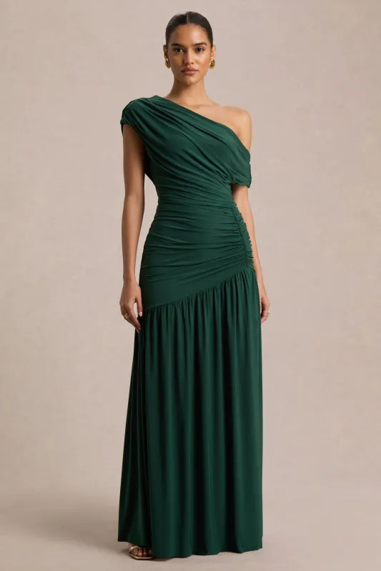 Kady | Dark Green Asymmetric-Neck Maxi Dress With Ruched Detailing and Front-High Split sold by Club L London