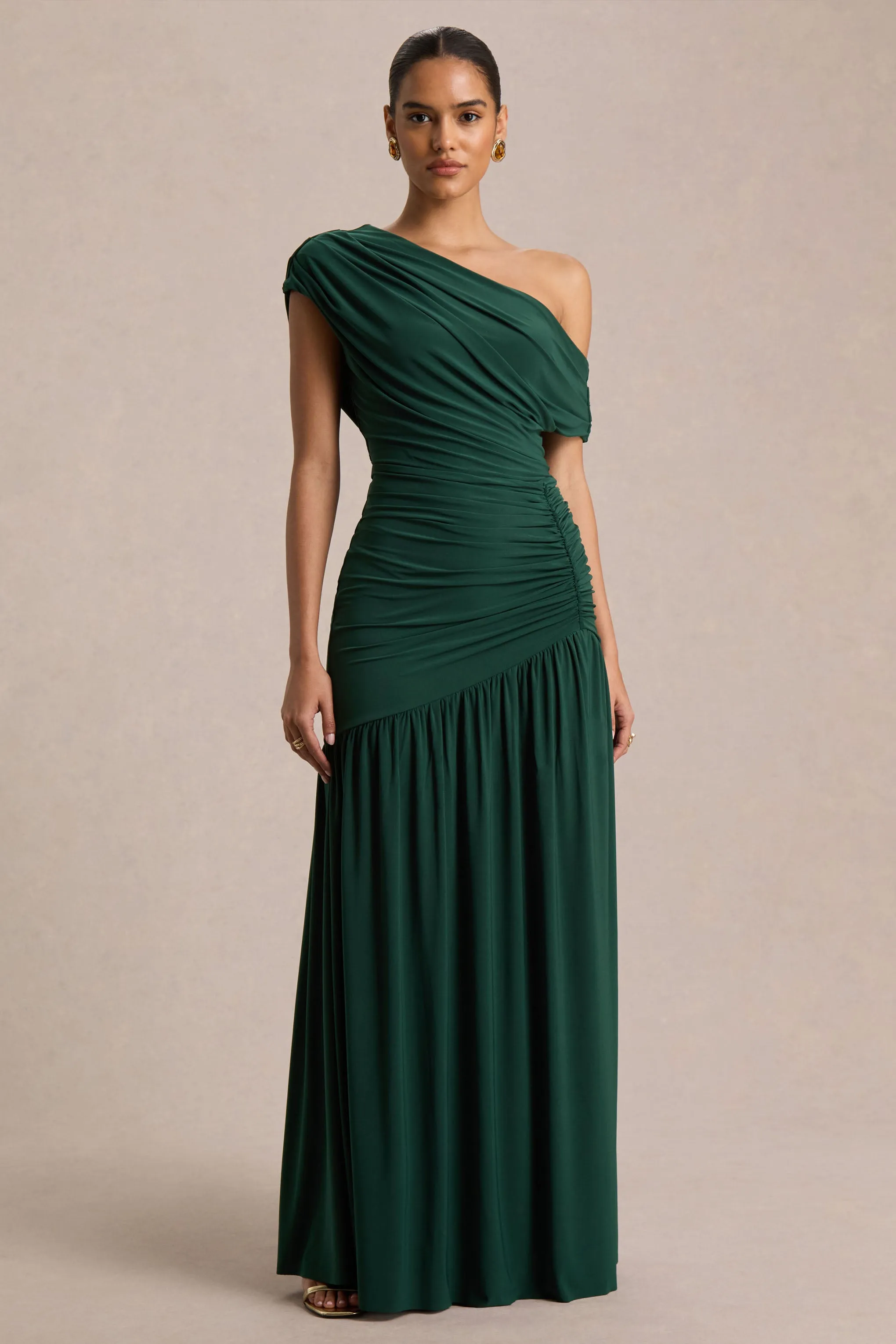Kady | Dark Green Asymmetric-Neck Maxi Dress With Ruched Detailing and Front-High Split sold by Club L London