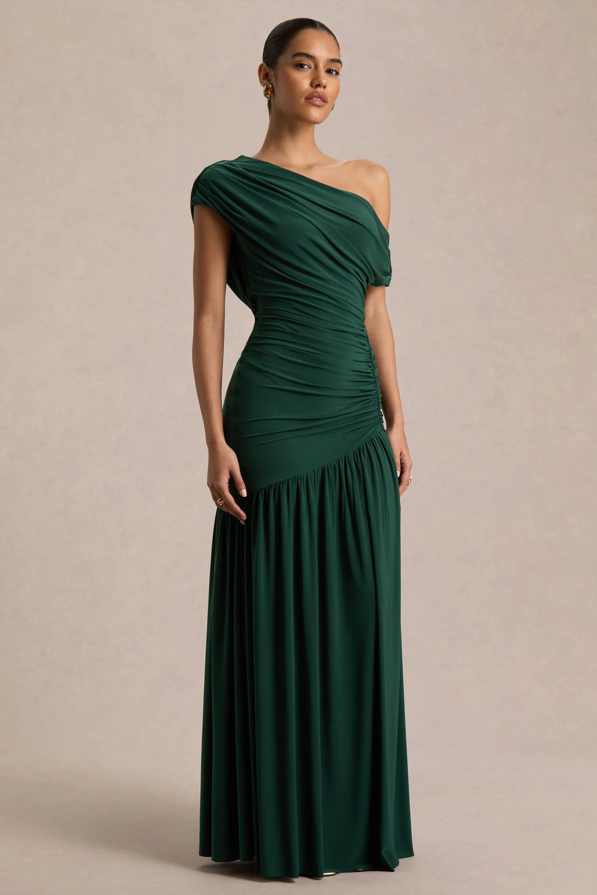 Kady | Dark Green Asymmetric-Neck Maxi Dress With Ruched Detailing and Front-High Split sold by Club L London product image thumbnail 5