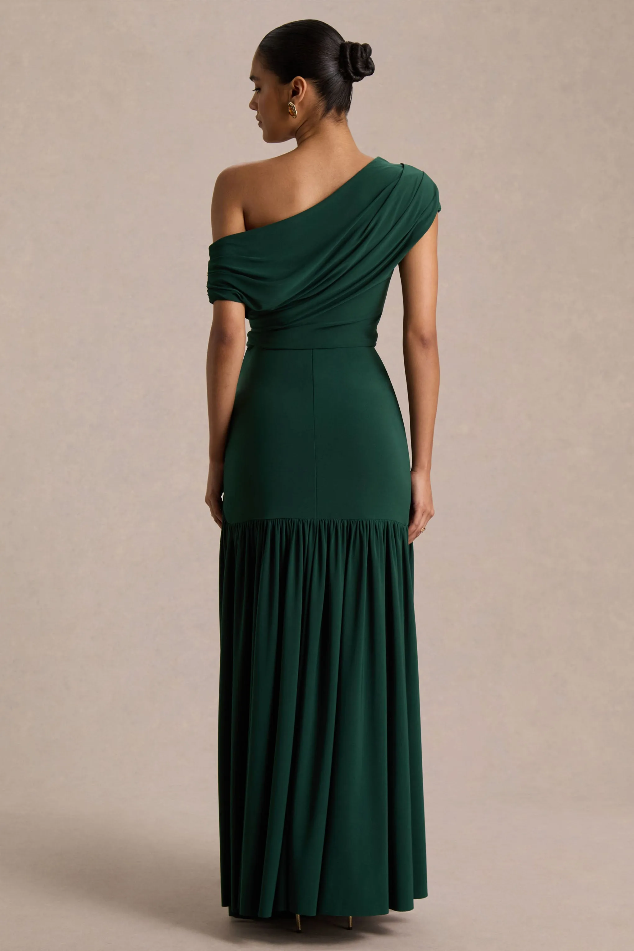 Kady | Dark Green Asymmetric-Neck Maxi Dress With Ruched Detailing and Front-High Split sold by Club L London product image thumbnail 2